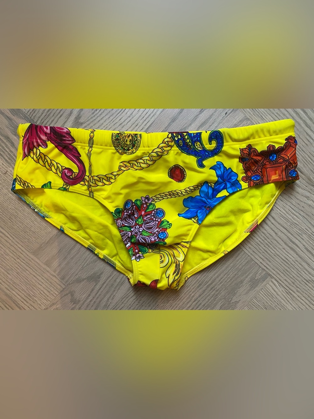 Versace Yellow Multicolor Chain & Floral Swim Trunks